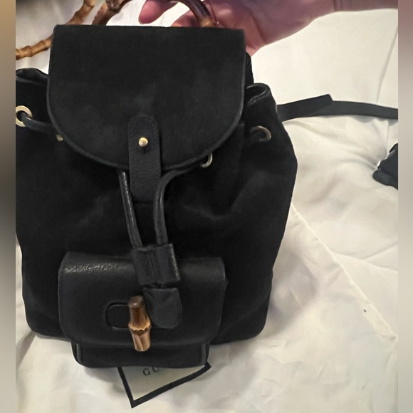 Gucci Black suede bamboo backpack small